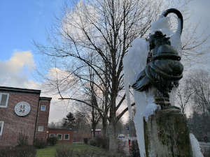Der vereiste Brunnen vor der Berufsfeuerwehr Flensburg