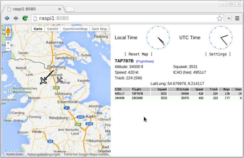 ADS-B Transponder ausgelesen mit DVB-T Stick auf Landkarte